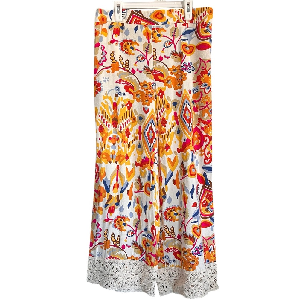 NWT Rachel Zoe Linen Blend Wide Leg Cropped Pant Crochet Ankle Colorful size XS - Picture 2 of 10